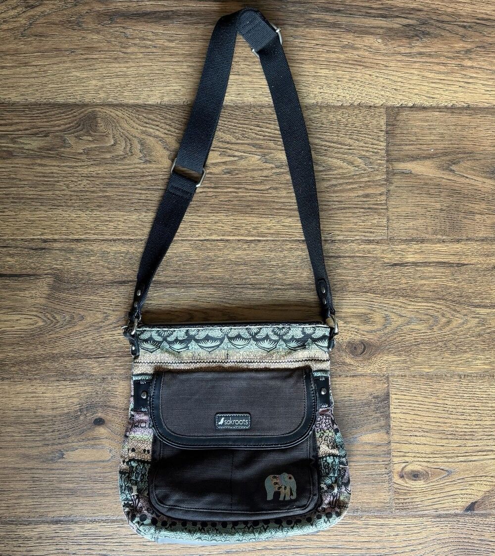 Sakroots Artist Circle Elephant Canvas Crossbody Messenger Bag Boho Adjustable